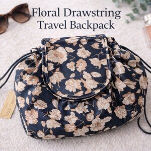 Floral Drawstring Travel Backpack - Black and Tan